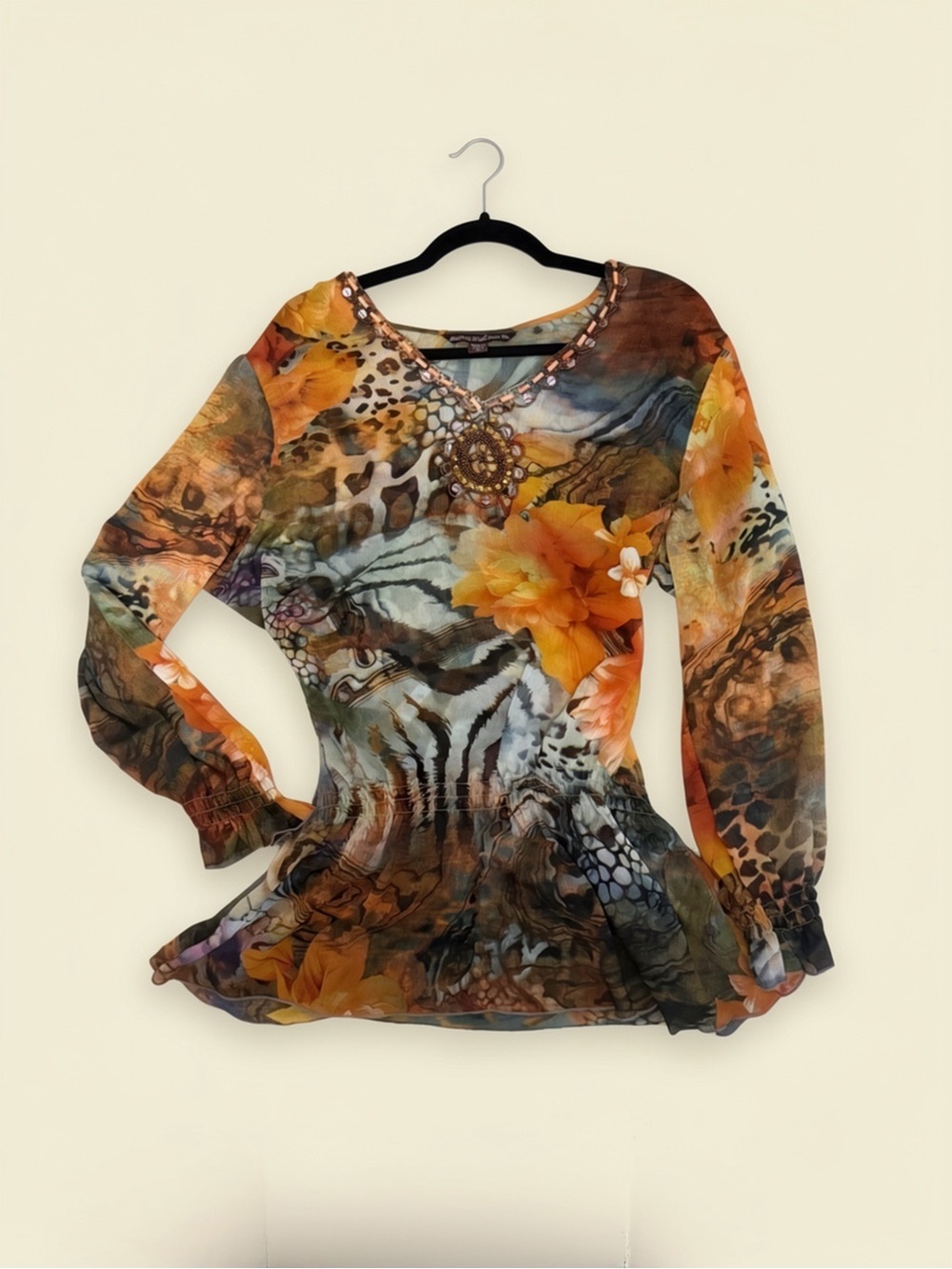 Y2K Floral & Animal-Print Sheer Top with Beading